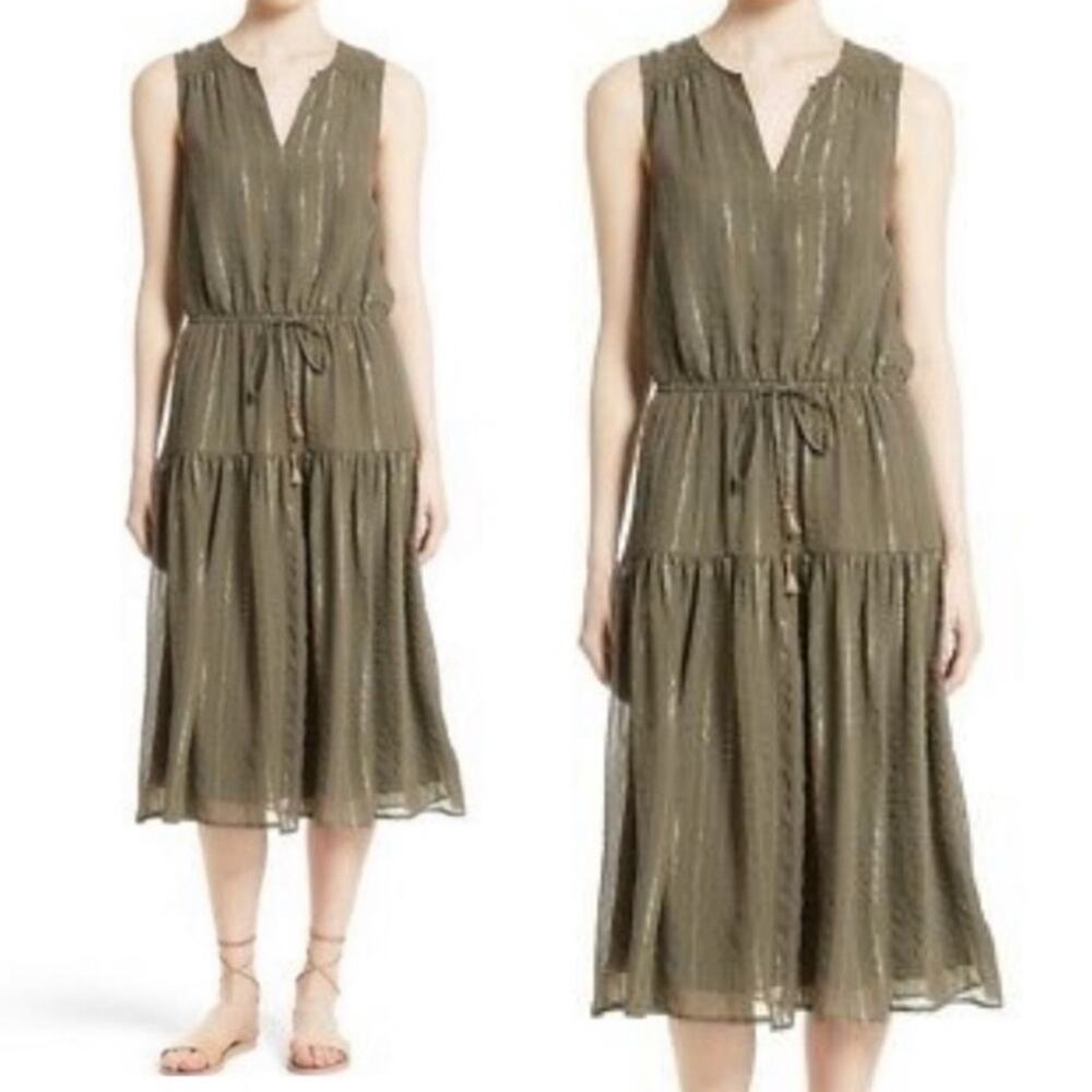 Joie Klea Olive Green Midi Dress Gold Metallic Sleeveless 100% Silk Medium $425